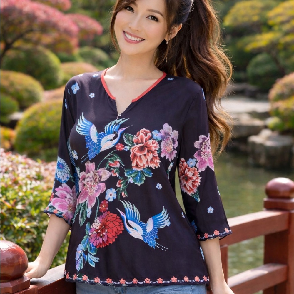 Johnny Was Women's Zahara Floral Printed embroidered Button-Front Top NWT